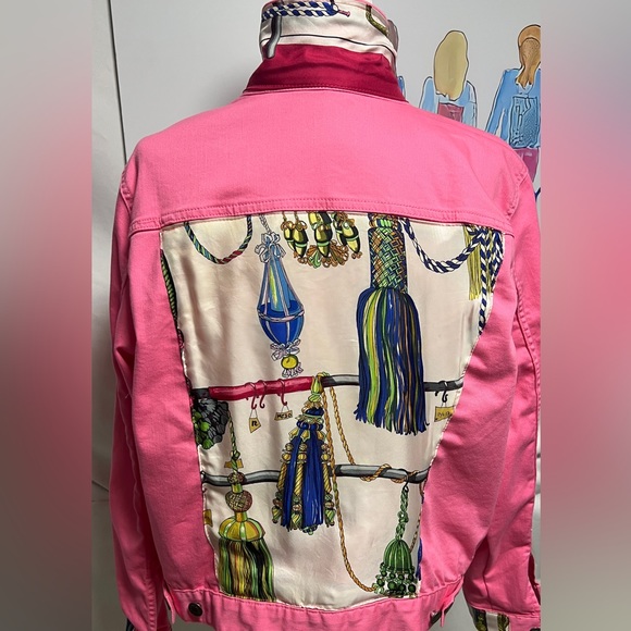 Hermes Scarf on back of Pink Denim Jacket. XL - Picture 1 of 7